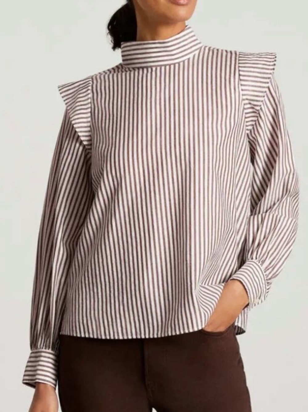 Everlane Cream and Brown Striped Mock Neck Winged Top